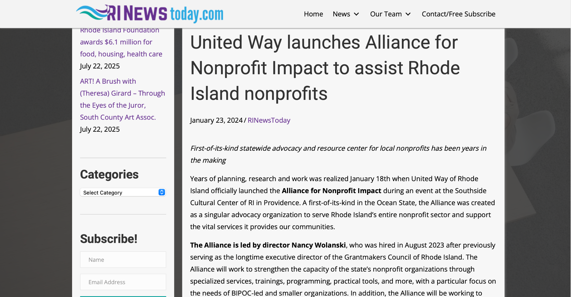 screenshot of RI News Today featuring United Way RI